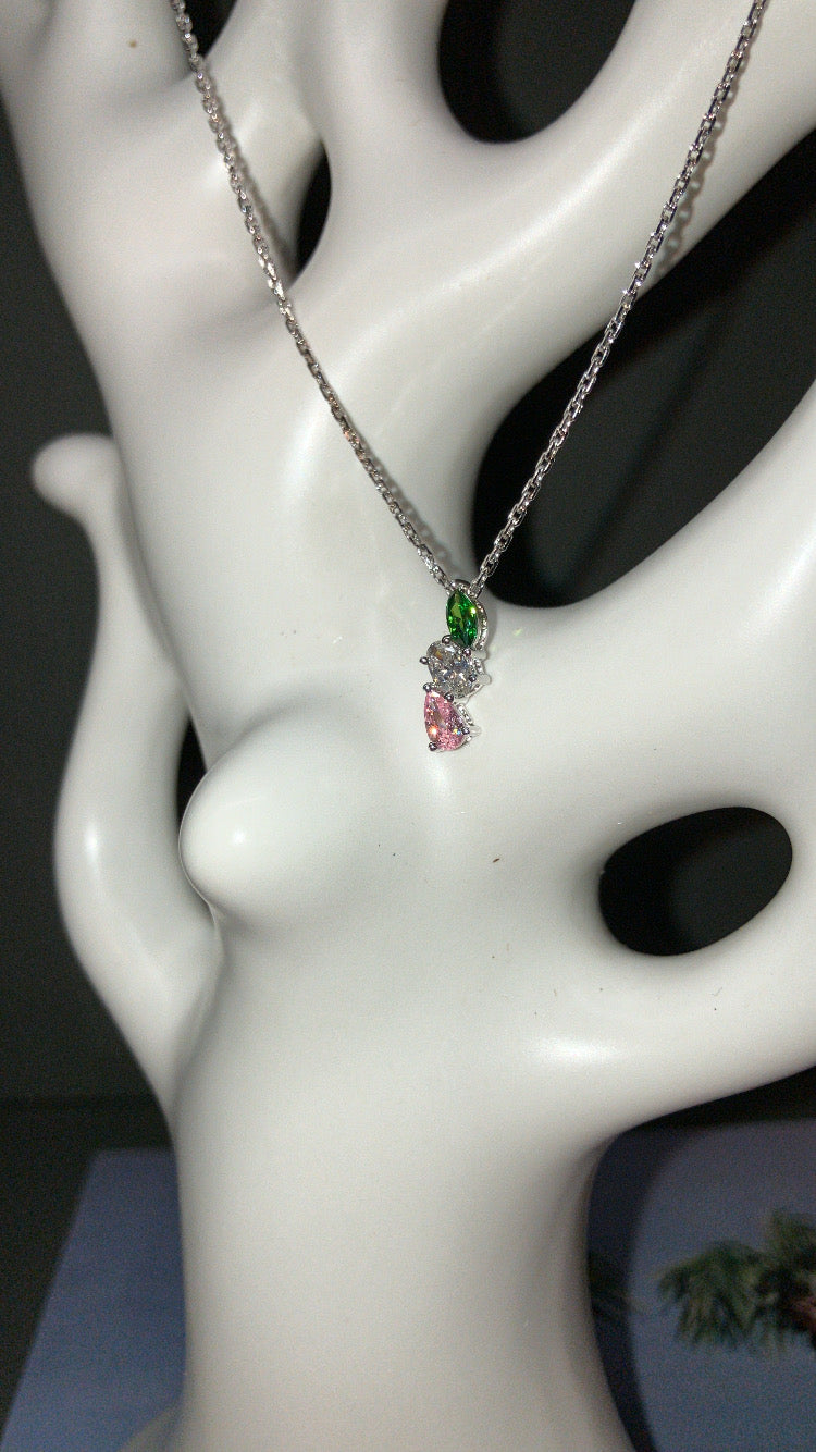 *New*S925 綠白粉三色水滴頸鏈42AJNO156