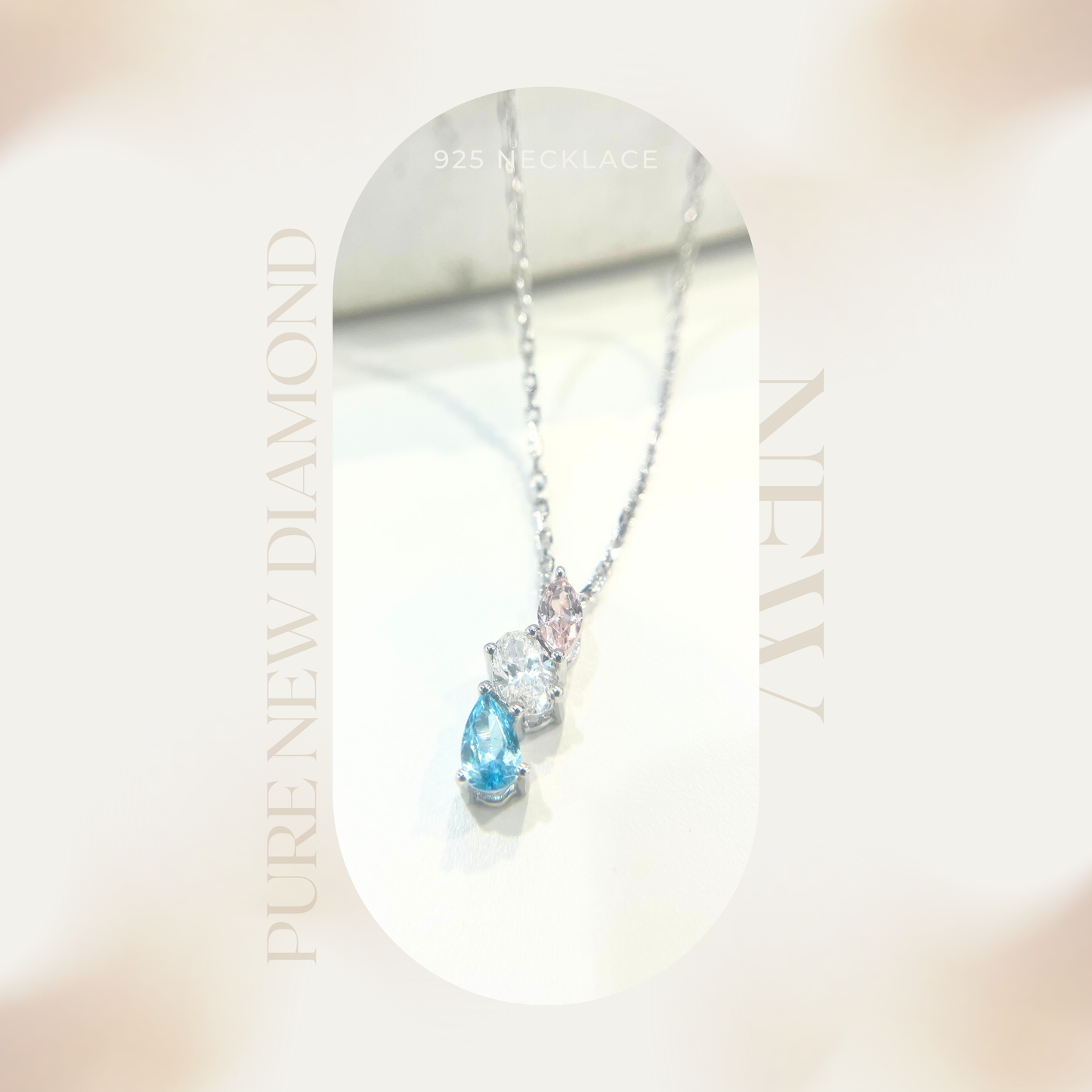 S925 粉白藍三色水滴鋯石頸鏈42AJNO156