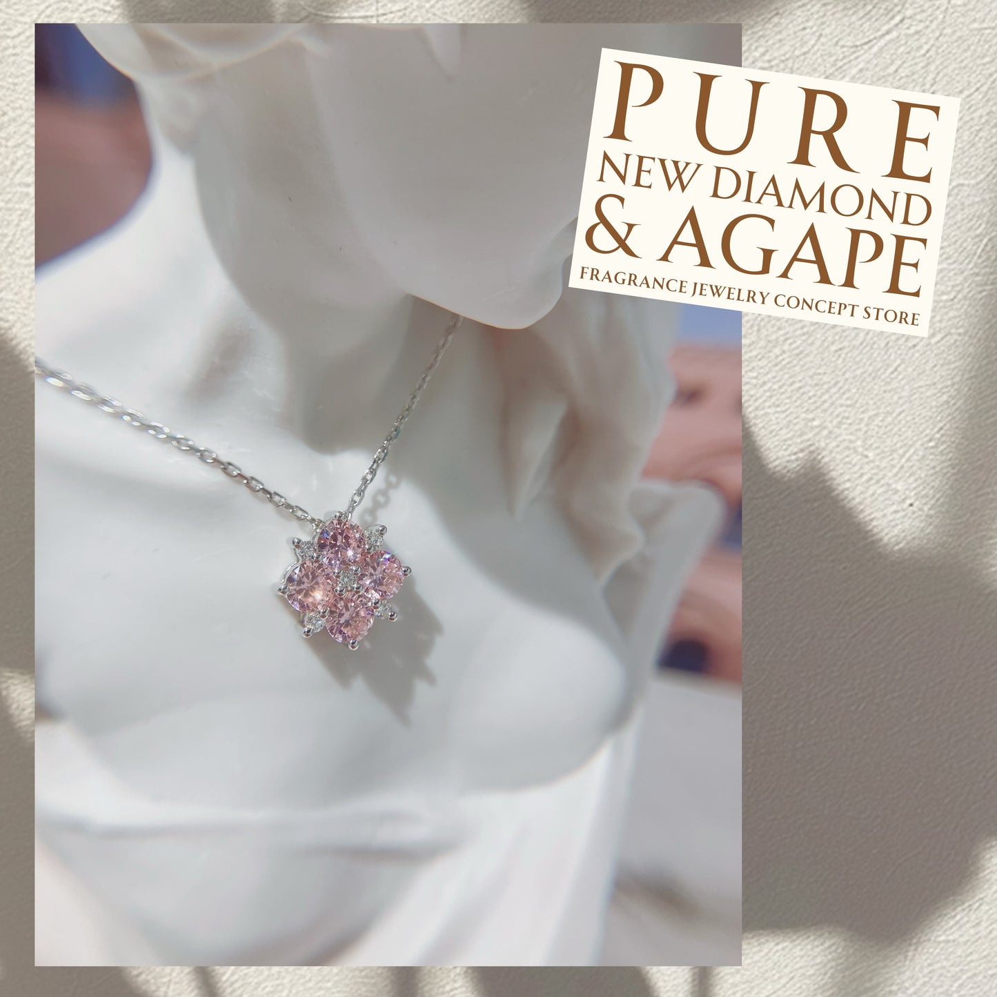 S925 型格方塊粉紅鋯石拼鑽石頸鏈42AJN0179