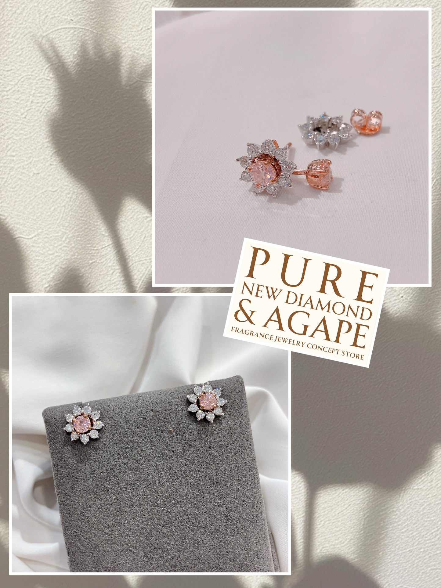 *New* S925 璀璨粉紅鋯石拼太陽花鑽石耳環42AJE0168