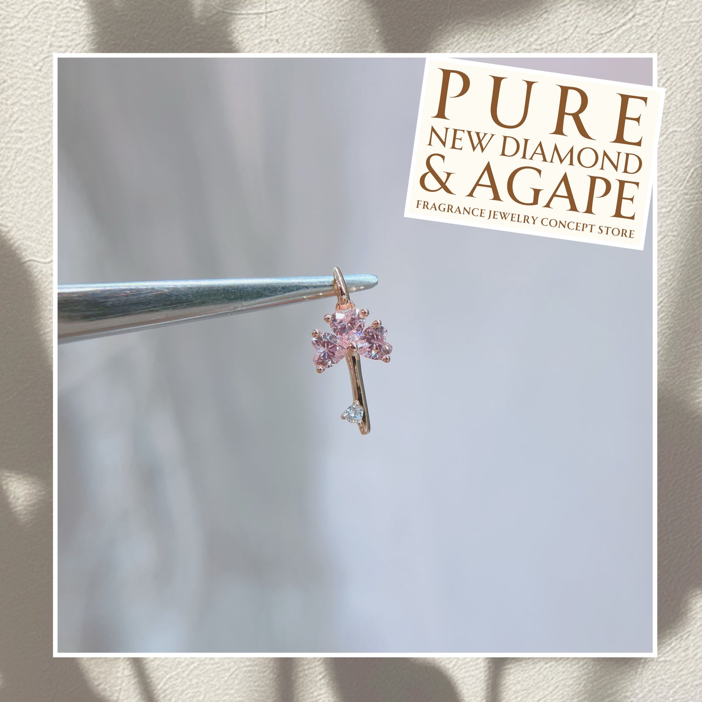 *New* S925 幸運三葉草款 粉紅心形鋯石拼鑽石吊墜 42AJP0280-紅