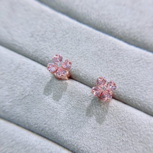 *春日新上* S925 粉紅幸運四葉草鑽石耳釘42AJE0176-紅