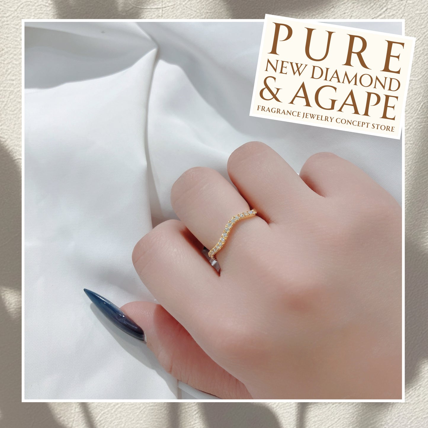 *New*S925 波浪形半圈碎鑽線戒42AJR0454-黃