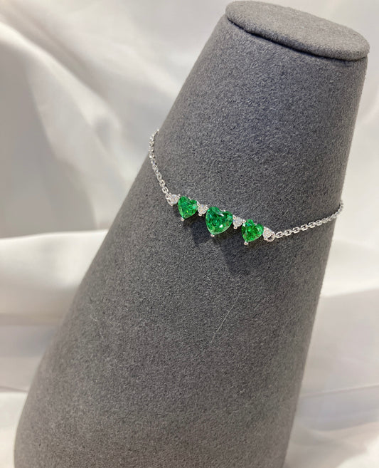 S925 可愛三心綠色鋯石拼鑽石手鏈 42AJB0132