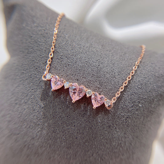 S925 可愛三心粉紅鋯石拼鑽石手鏈 42AJB0132-紅