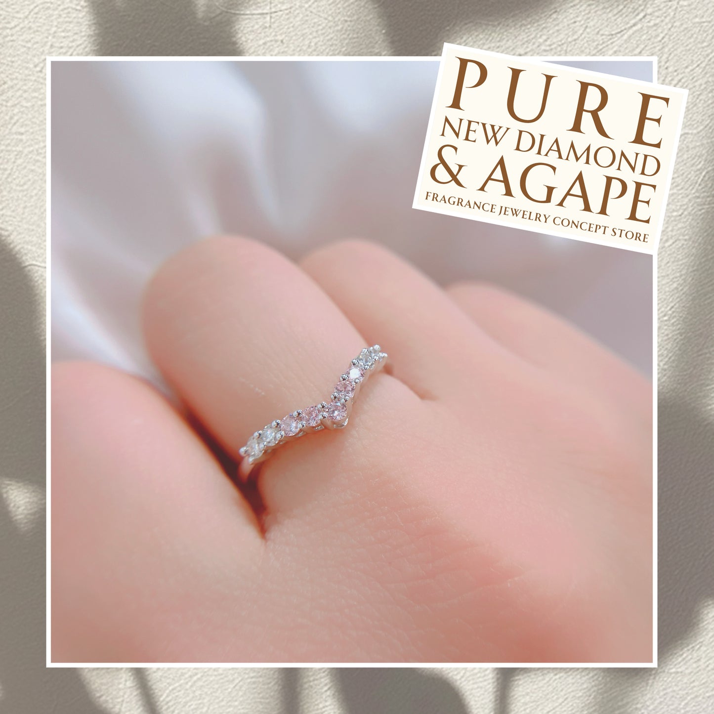 *New*S925 粉紅鋯石拼碎鑽V形線戒42AJR0450