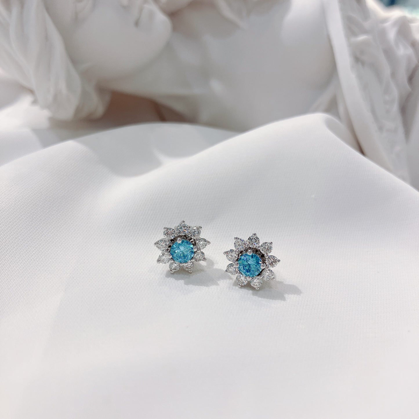 *New* S925 璀璨天藍鋯石拼太陽花鑽石耳環42AJE0168