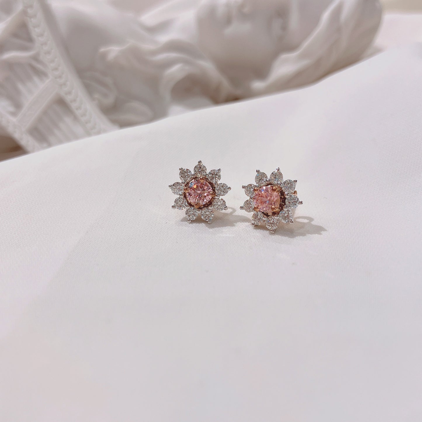 *New* S925 璀璨粉紅鋯石拼太陽花鑽石耳環42AJE0168