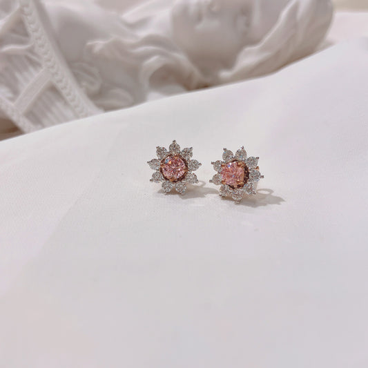 *New* S925 璀璨粉紅鋯石拼太陽花鑽石耳環42AJE0168