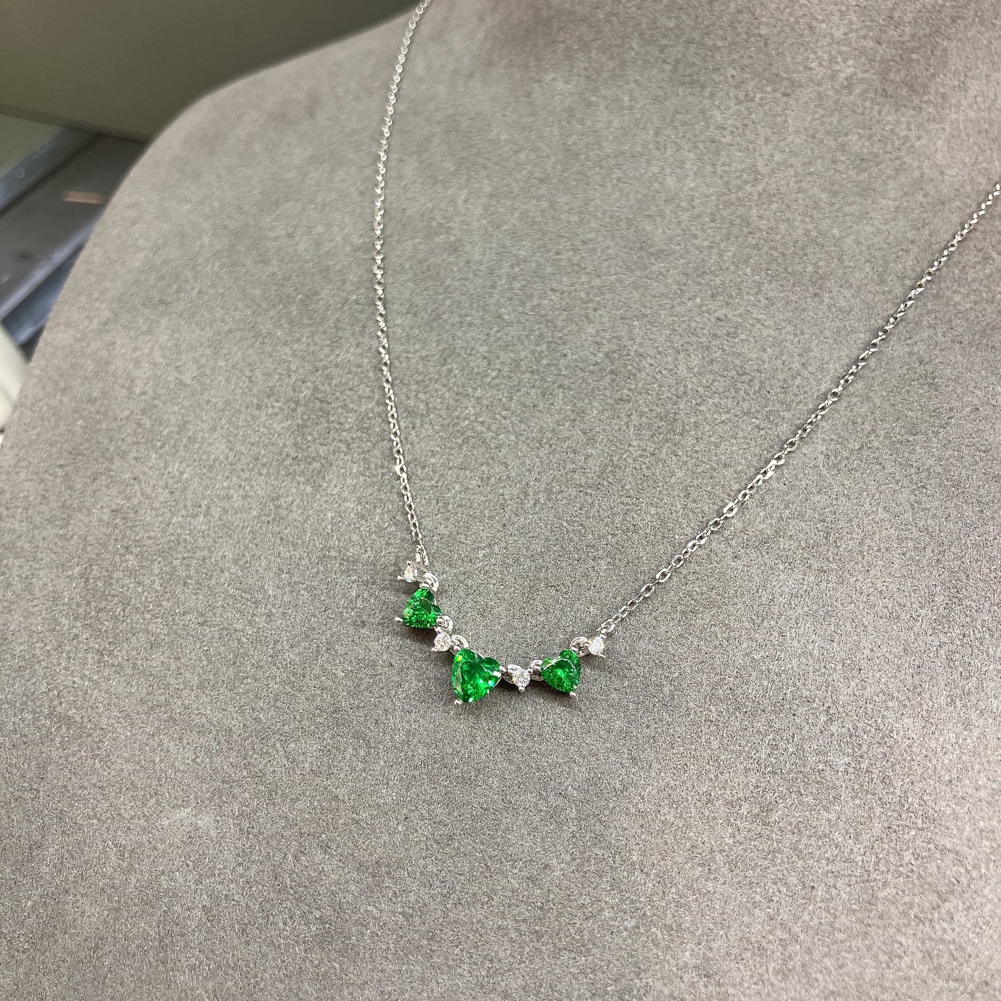 *New* S925 可愛三心綠色鋯石拼鑽石頸鏈42AJN0177