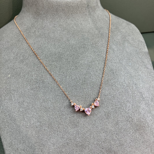 *New* S925 可愛三心粉紅鋯石拼鑽石頸鏈42AJN0177-紅