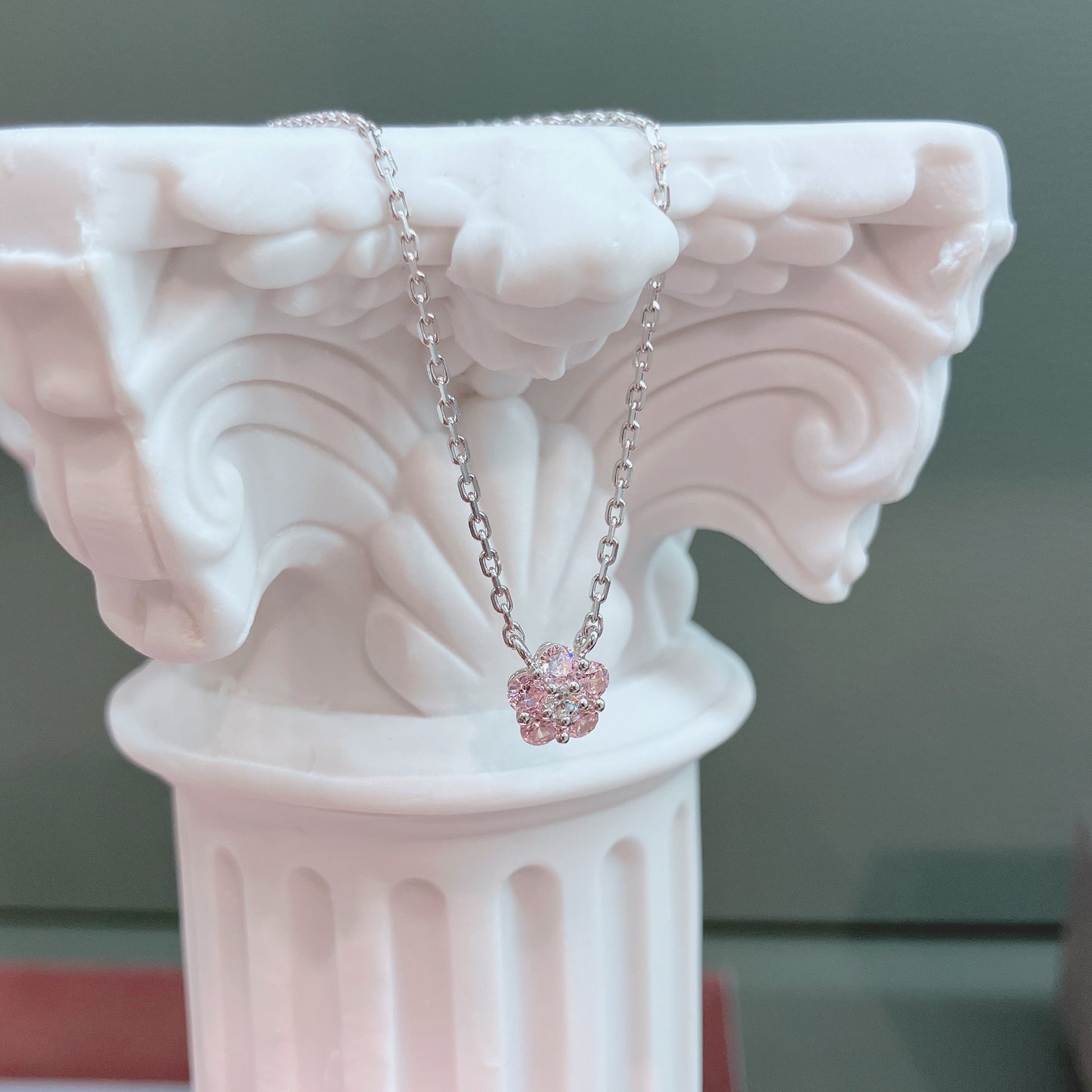 *New* S925 粉紅鋯石小梅花鑽石頸鏈42ASNO14